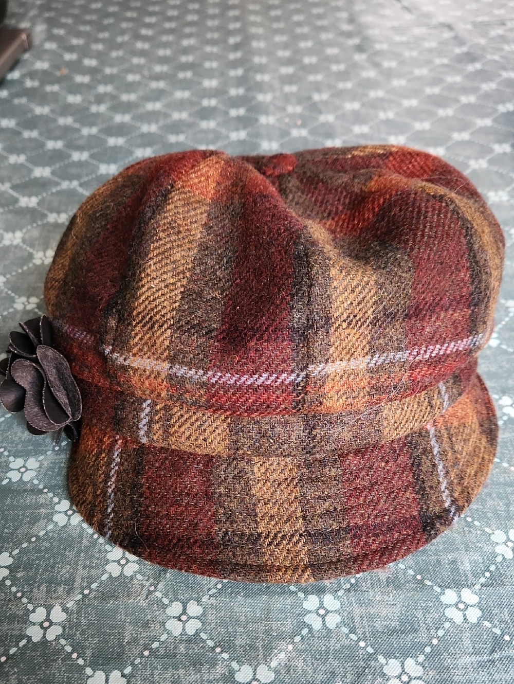 Plaid Wool Blend Newsboy Hat with Flower Accent - Rust & Brown